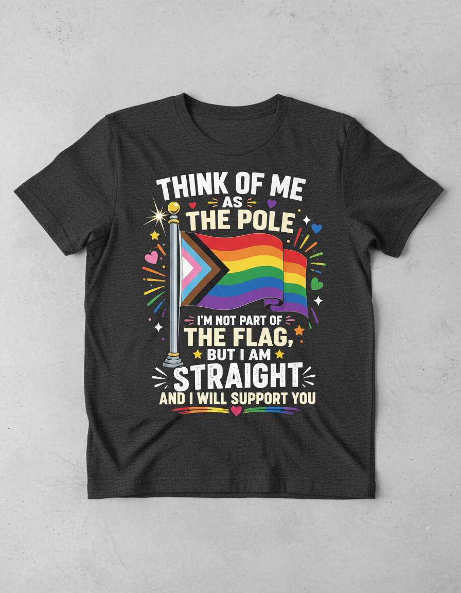 Straight Ally Pride Support 'Think of Me as the Pole' Design T-Shirt - Dark Heather