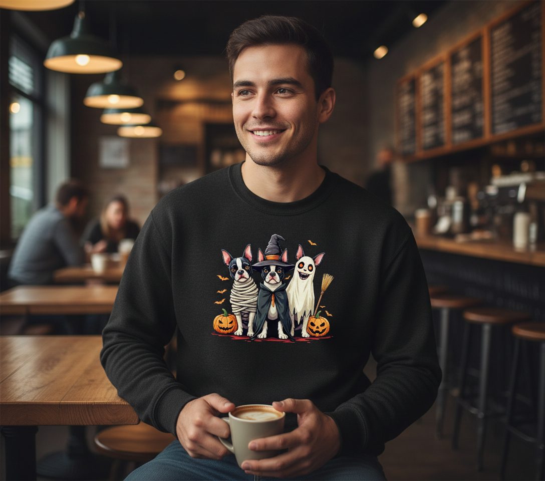Halloween Boston Terrier Trio boston terrier Sweatshirt Black lifestyle mockup