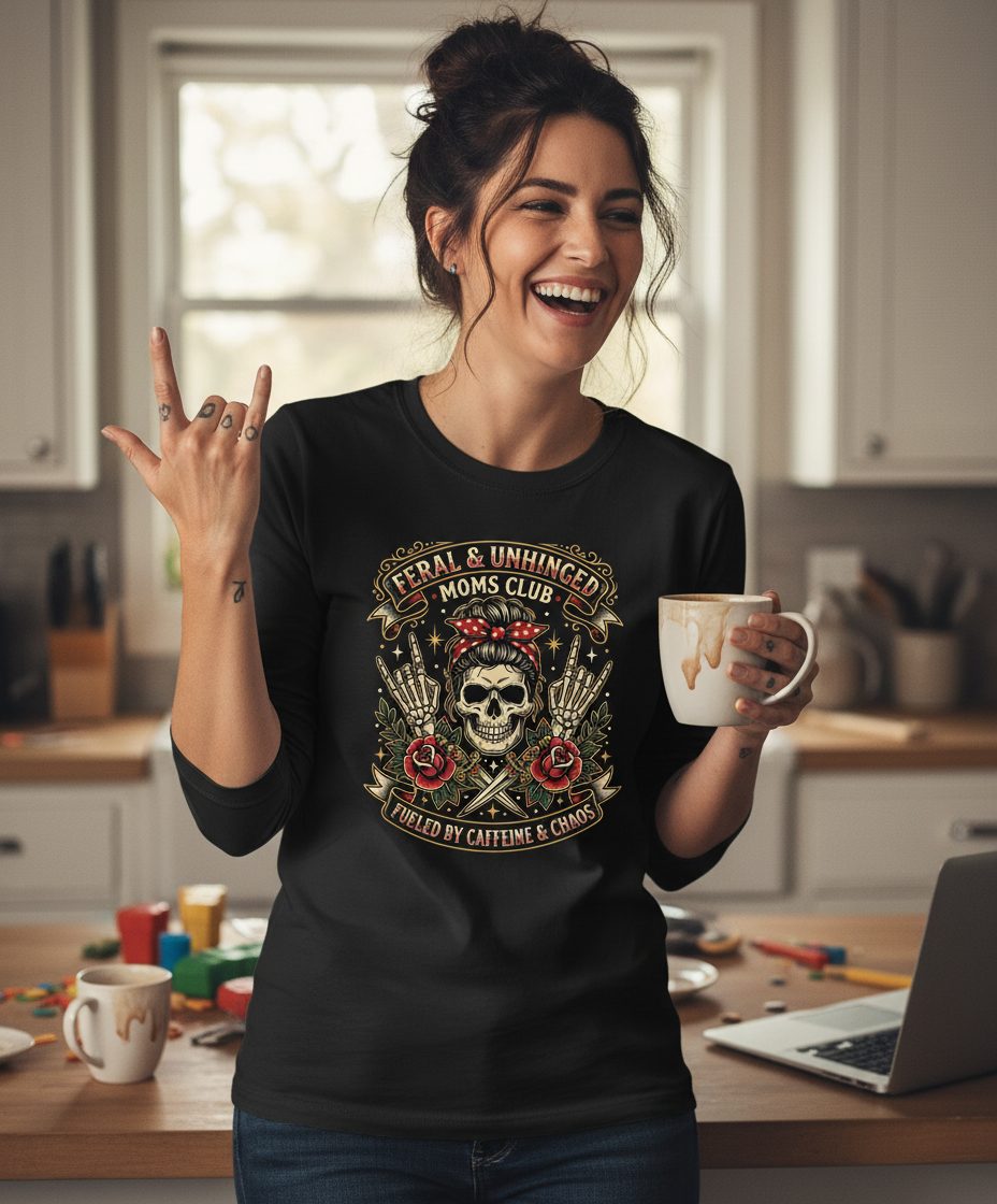 Feral & Unhinged Moms Club Fueled by Caffeine & Chaos Long Sleeve Tee - lifestyle model mockup - Black