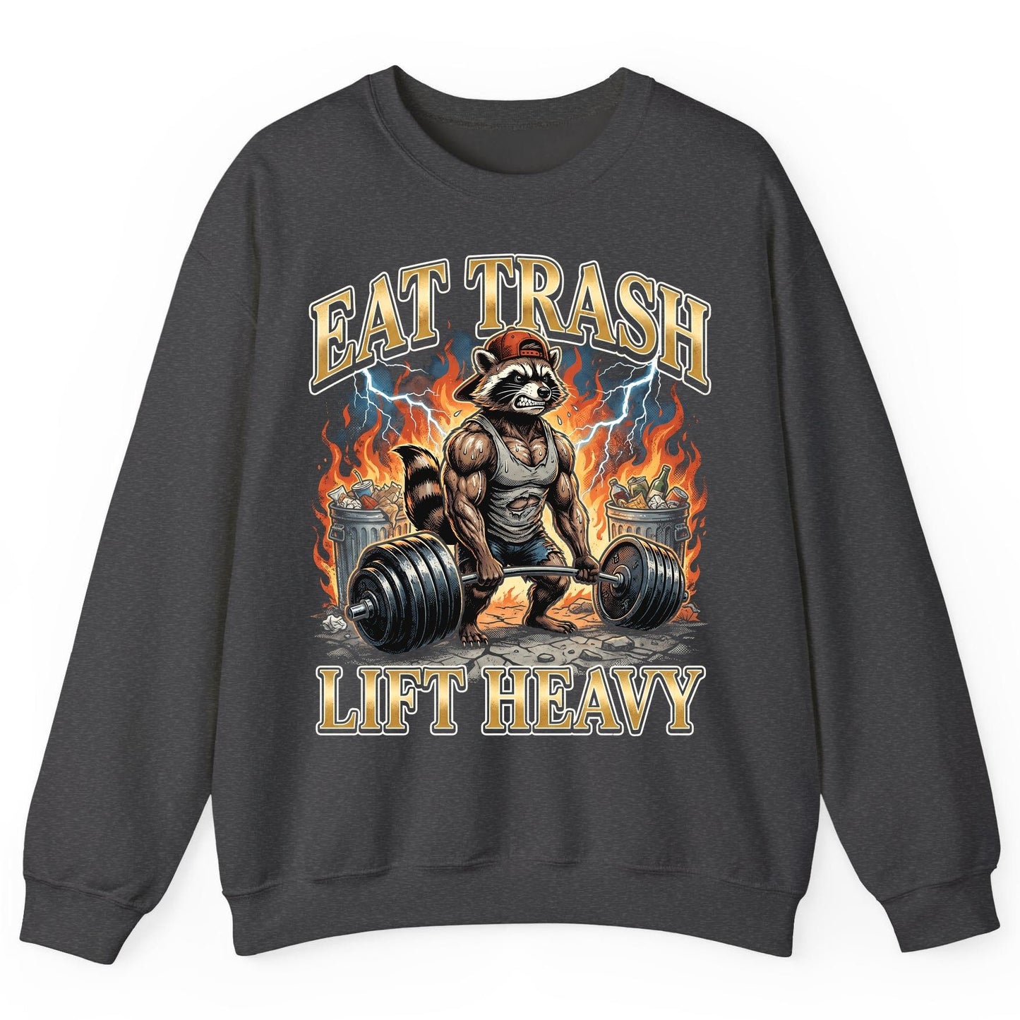 Eat Trash Lift Heavy raccoon Sweatshirt Dark Heather product mockup