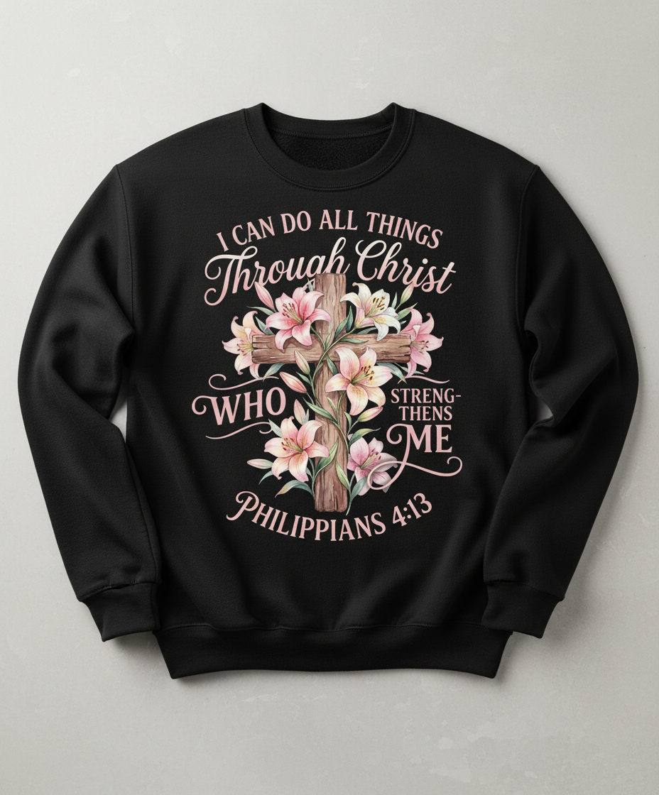 Philippians 4:13 I Can Do All Things Through Christ Cross and Lilies Sweatshirt - Black