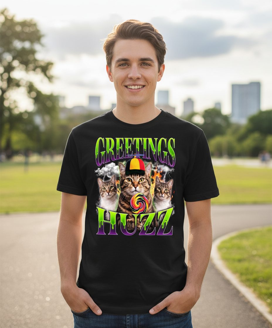 Greetings HUZZ Funny Cat T-Shirt - lifestyle model mockup - Black
