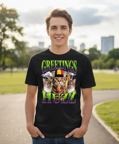 Greetings HUZZ Funny Cat T-Shirt - lifestyle model mockup - Black
