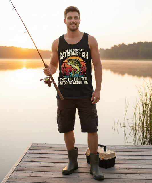 I'm So Good at Catching Fish That the Fish Tell Stories About Me fishing Tank Top Black lifestyle mockup