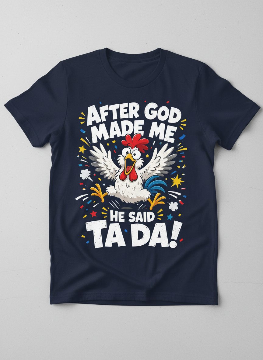 After God Made Me He Said Ta Da Funny Rooster T-Shirt - product mockup - Navy