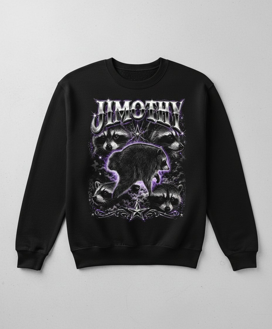 Jimothy Funny Raccoon Sweatshirt - product mockup - Black