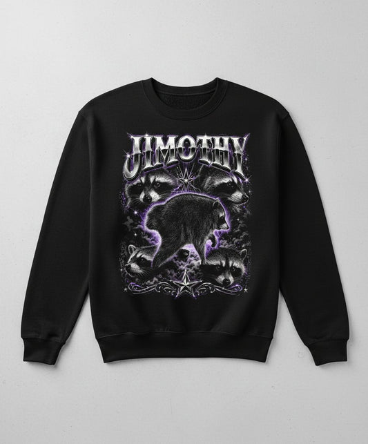 Jimothy Funny Raccoon Sweatshirt - product mockup - Black