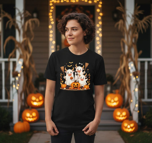 Cute Ghost Cows Halloween cows Youth T-Shirt Black lifestyle mockup