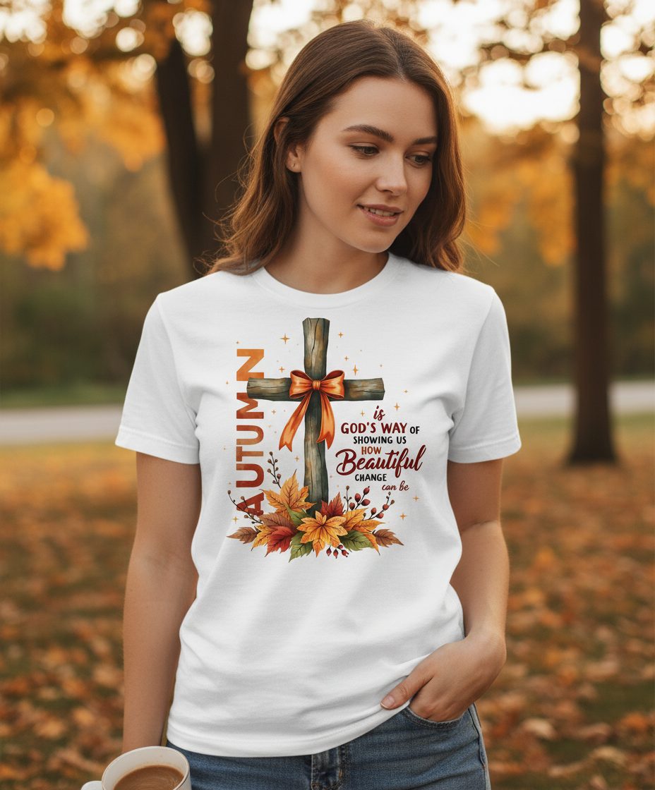 Autumn Is God's Way of Showing US How Beautiful Change Can Be christian autumn T-Shirt White lifestyle mockup