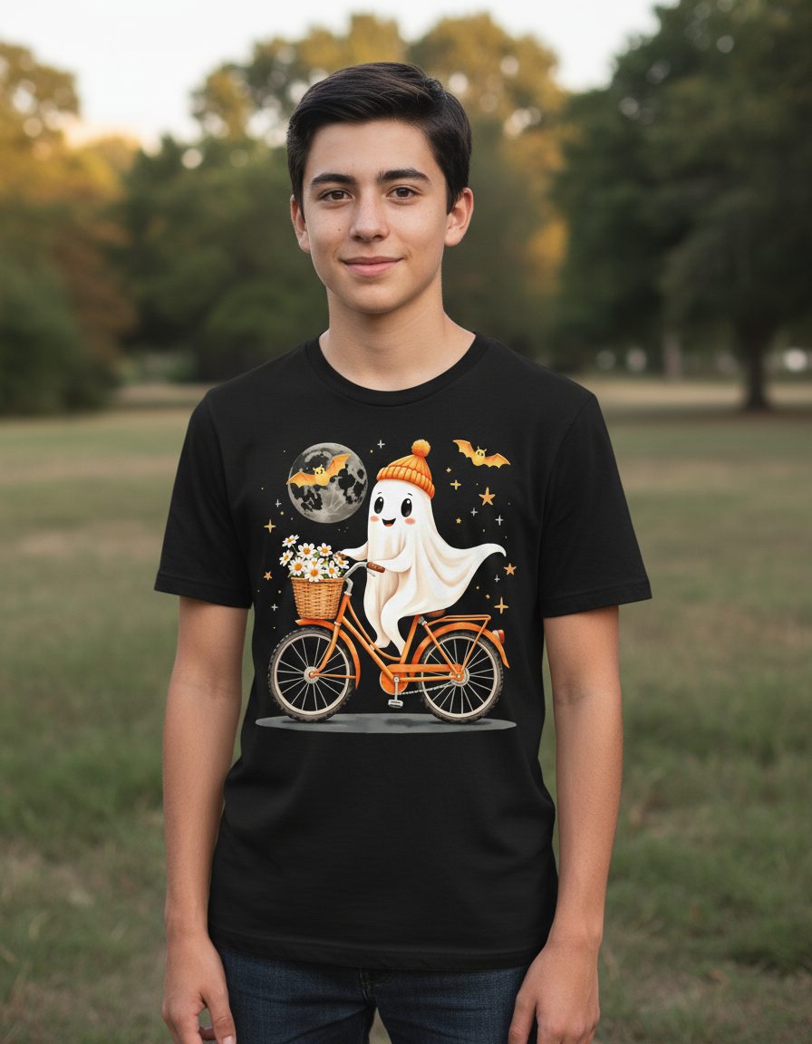 Cute Ghost on Bicycle cute ghost Youth T-Shirt Black lifestyle mockup