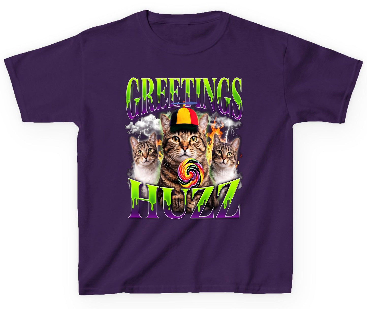 Greetings HUZZ Funny Cat Youth T-Shirt - product mockup - Purple