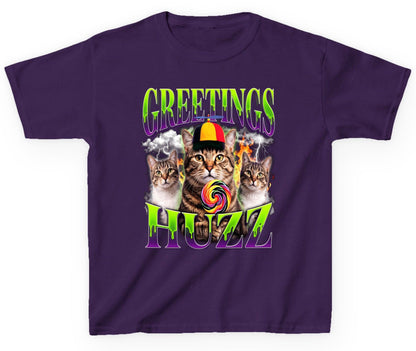 Greetings HUZZ Funny Cat Youth T-Shirt - product mockup - Purple