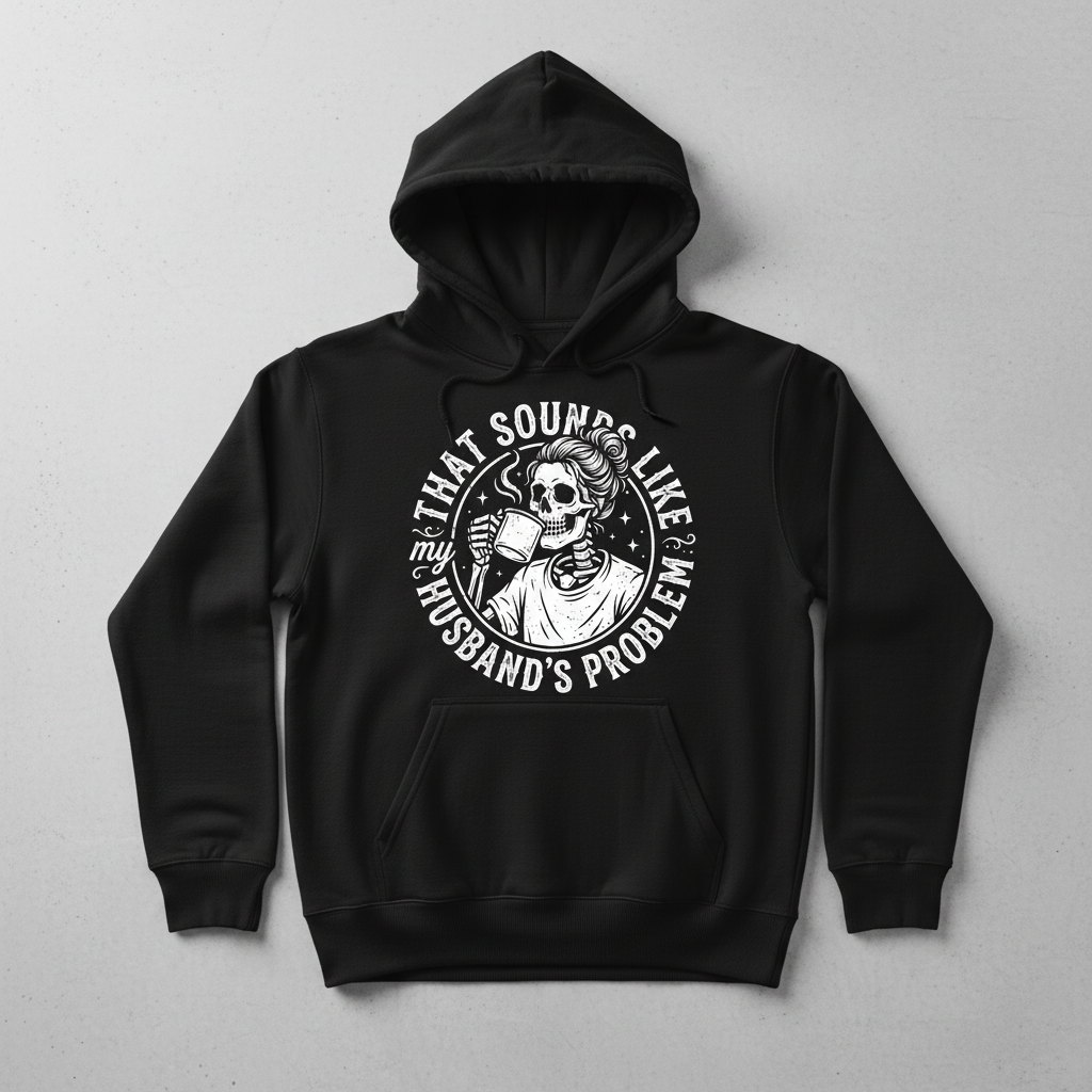 Skeleton Wife Drinking Coffee 'Husband's Problem' Design Hoodie - Black