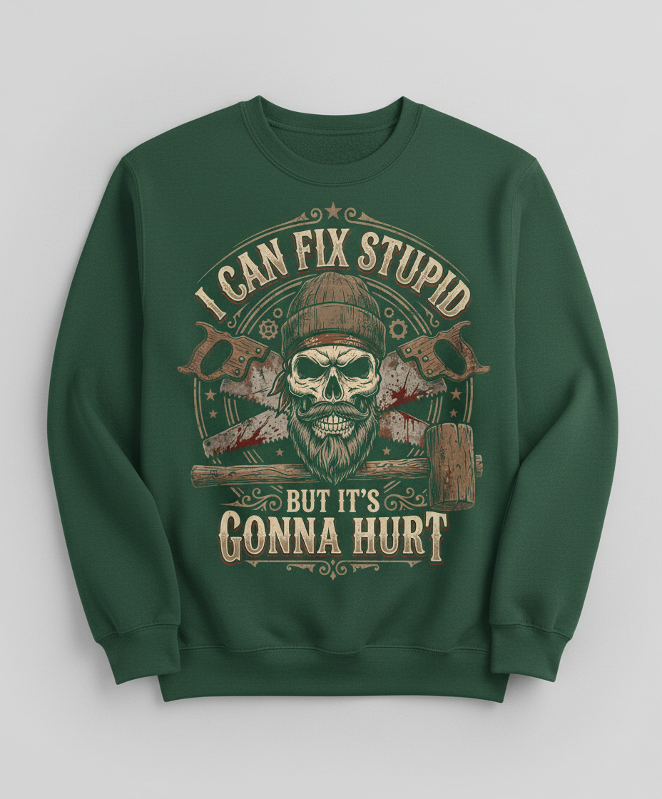 I Can Fix Stupid But It's Gonna Hurt Skull and Saws Sweatshirt - Forest Green