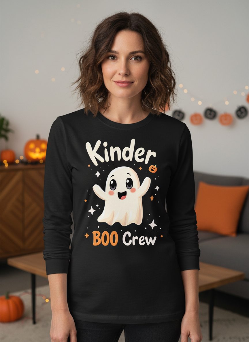 Kinder Boo Crew cute ghost Long Sleeve Tee Black lifestyle mockup