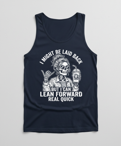 I Might Be Laid Back But I Can Lean Forward Skeleton with Messy Bun Tank Top - Navy