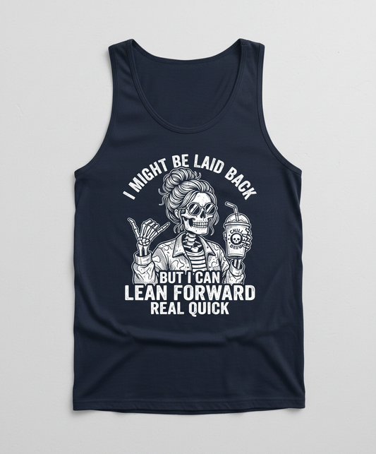 I Might Be Laid Back But I Can Lean Forward Skeleton with Messy Bun Tank Top - Navy