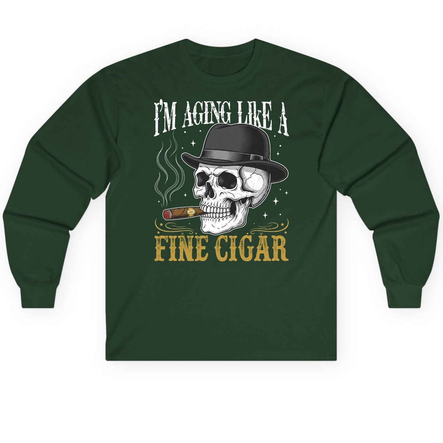 I'm Aging Like a Fine Cigar smoking skull Long Sleeve Tee Forest Green product mockup
