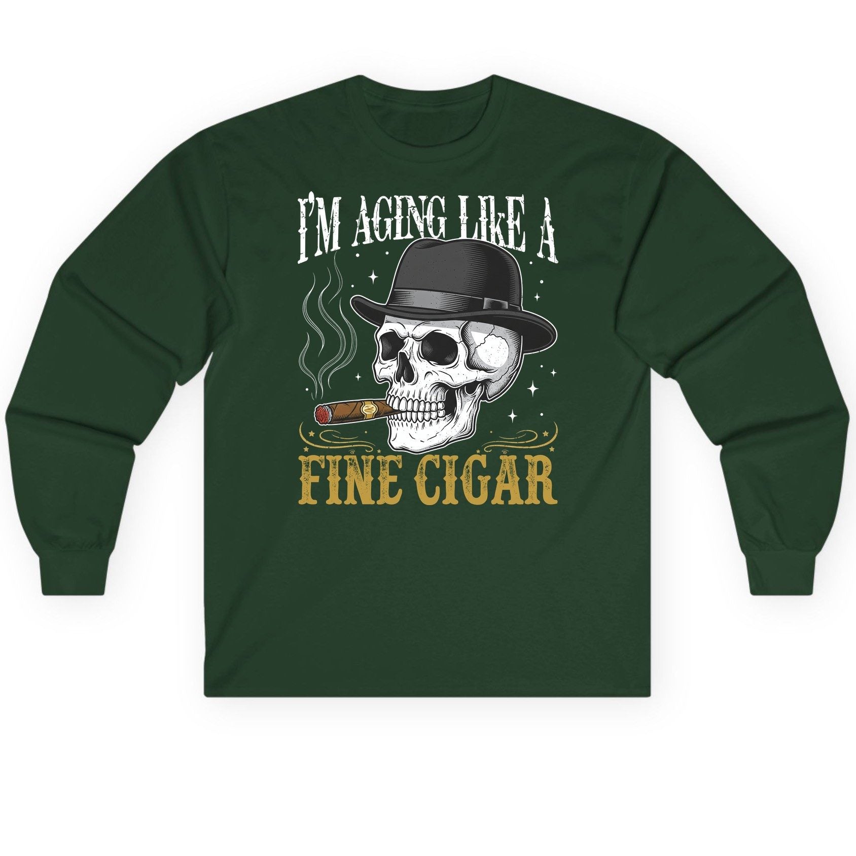 I'm Aging Like a Fine Cigar smoking skull Long Sleeve Tee Forest Green product mockup