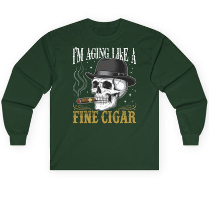 I'm Aging Like a Fine Cigar smoking skull Long Sleeve Tee Forest Green product mockup