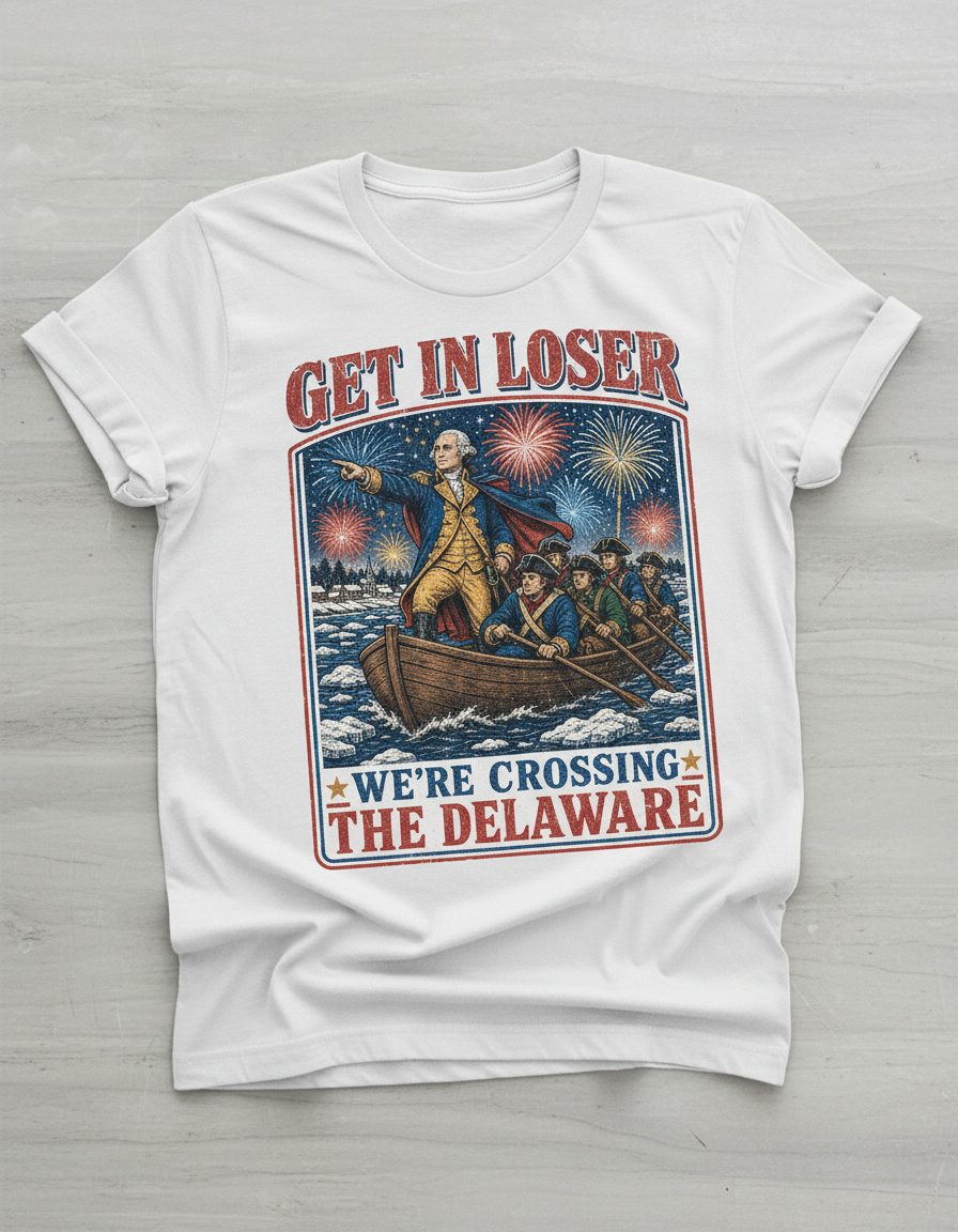 Get in Loser We're Crossing the Delaware T-Shirt - product mockup - White
