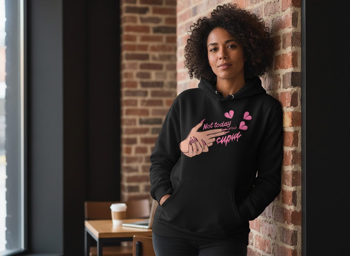 Not Today Cupid anti-Valentine's Day Hoodie Black lifestyle mockup
