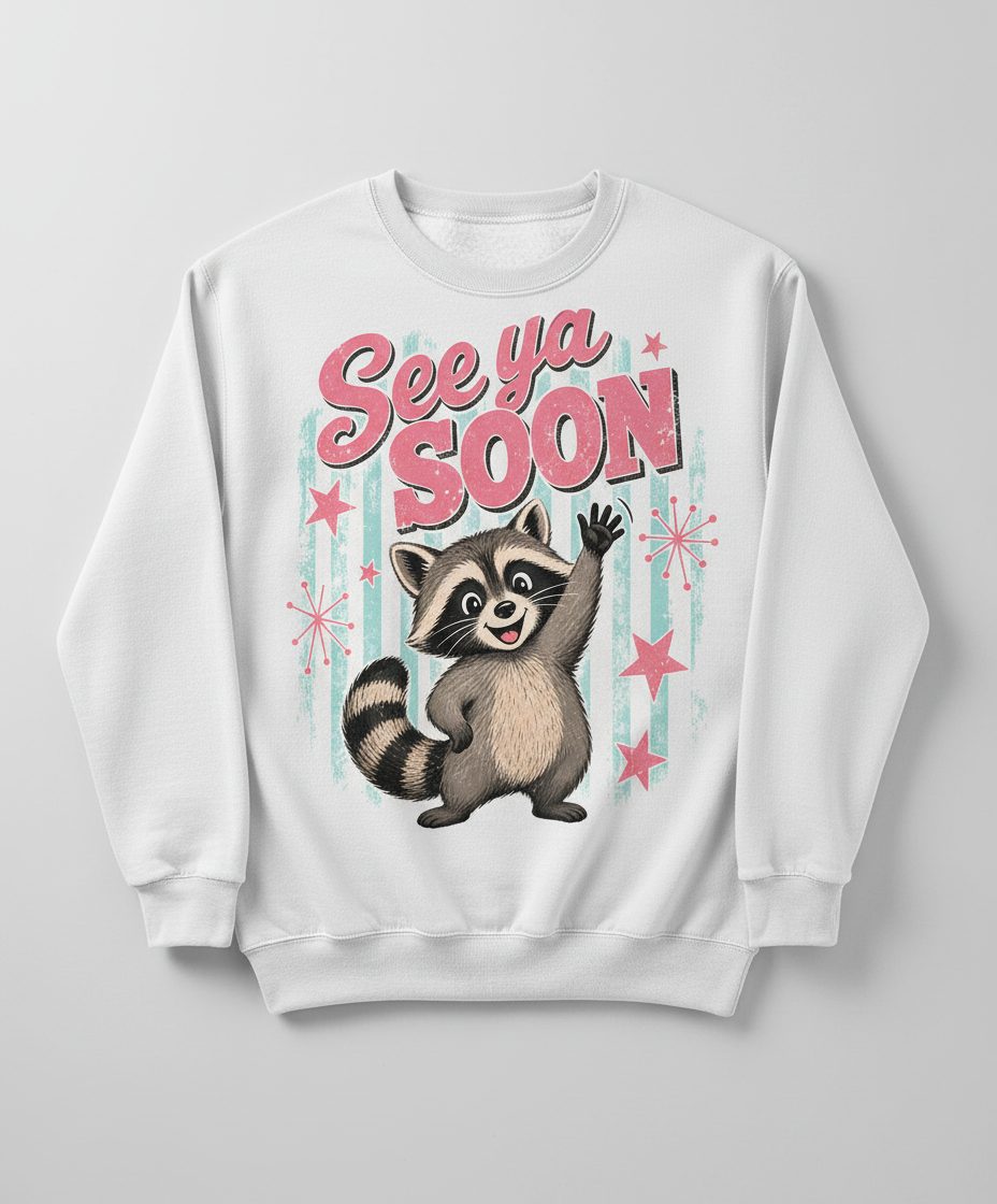 See Ya SOON Retro Raccoon Sweatshirt - product mockup - White