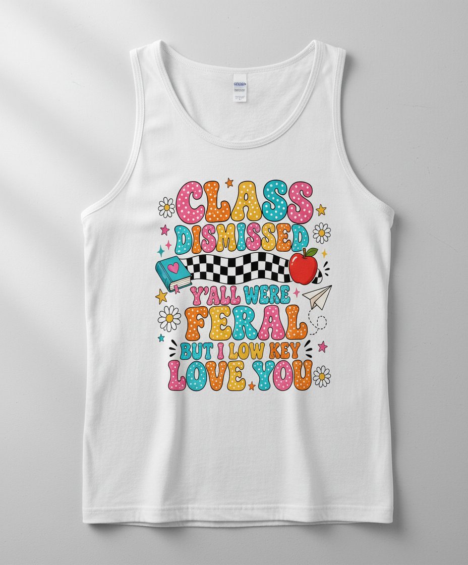 Class Dismissed Y'all Were Feral but I Low Key Love You Tank Top - product mockup - White