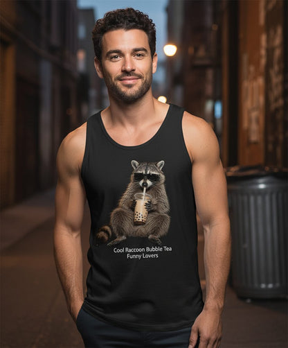 Cool Raccoon Bubble Tea Funny Lovers Tank Top - lifestyle model mockup - Black