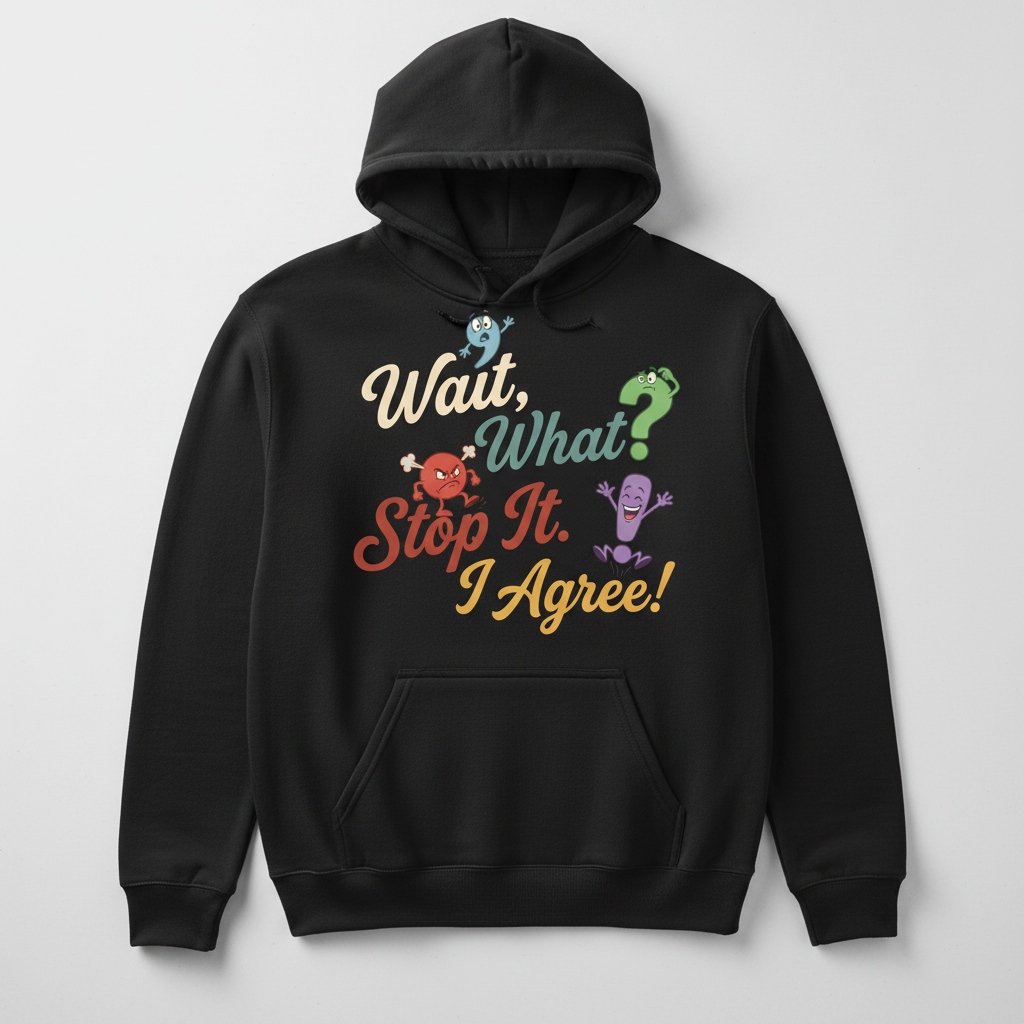 Wait What Stop It I Agree Funny Punctuation Humor Hoodie - Black