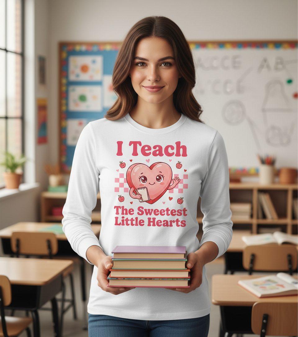 I Teach the Sweetest Little Hearts teacher Long Sleeve Tee White lifestyle mockup