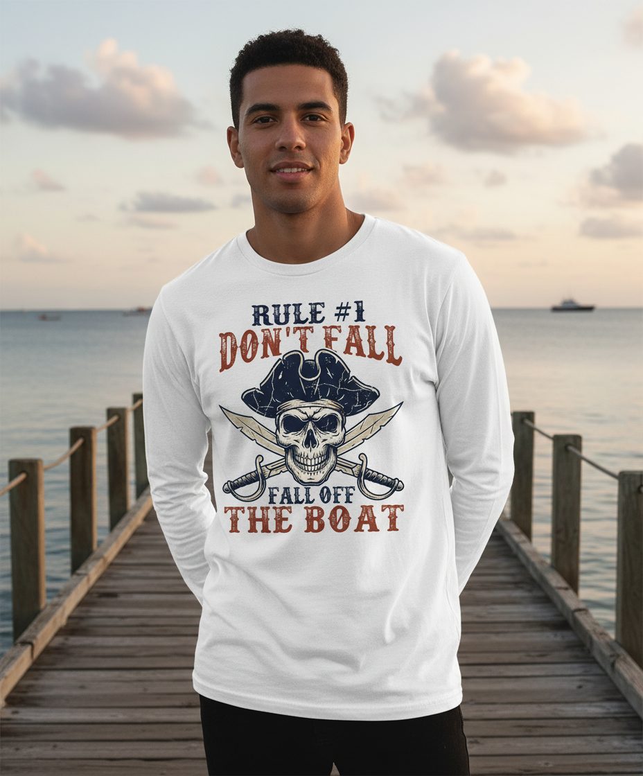 Rule 1 Don't Fall Off the Boat pirate Long Sleeve Tee White lifestyle mockup