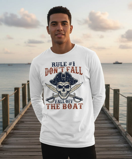 Rule 1 Don't Fall Off the Boat pirate Long Sleeve Tee White lifestyle mockup