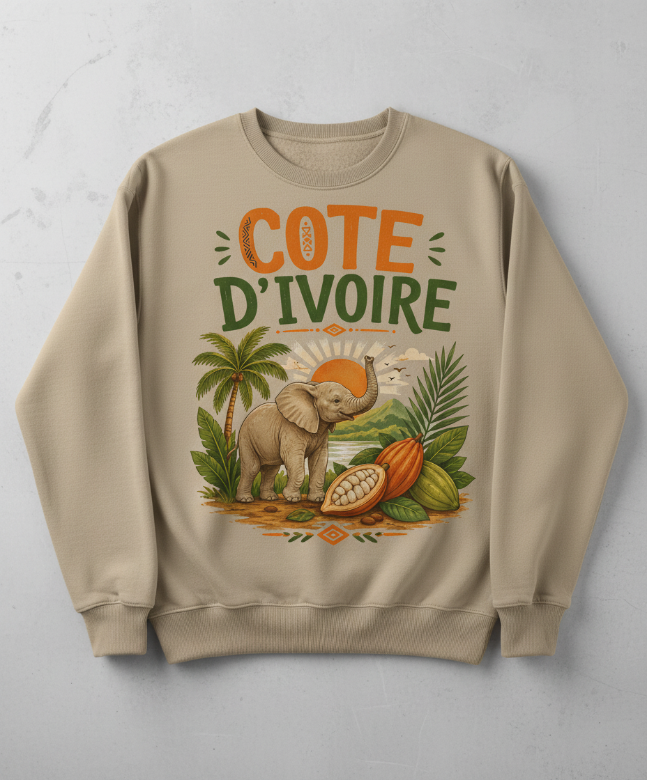 Cote D'Ivoire Elephant Travel Art Sweatshirt - product mockup - Sand