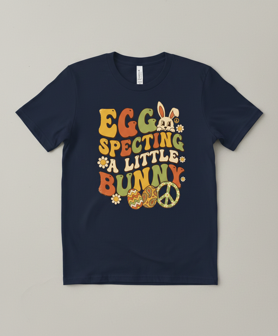 Egg Specting A Little Bunny Groovy Retro Easter Pregnancy Announcement T-Shirt - Navy