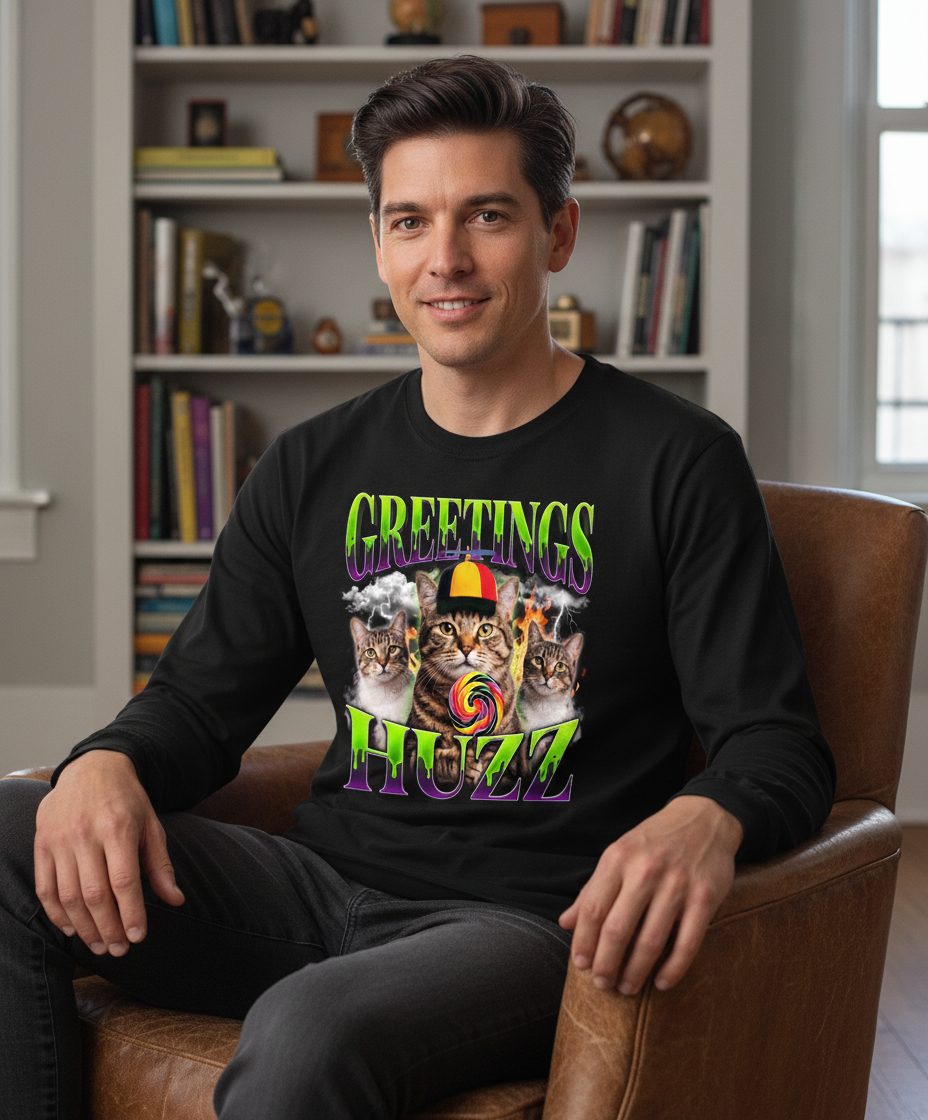 Greetings HUZZ Funny Cat Long Sleeve Tee - lifestyle model mockup - Black
