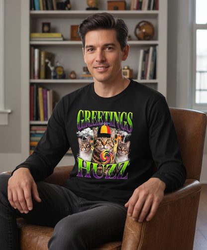 Greetings HUZZ Funny Cat Long Sleeve Tee - lifestyle model mockup - Black