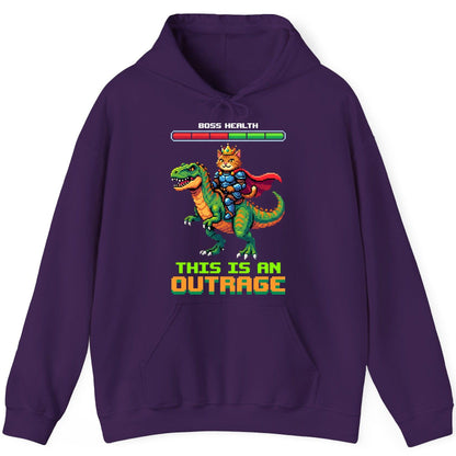 THIS IS AN OUTRAGE Cat riding a dinosaur Hoodie Purple product mockup