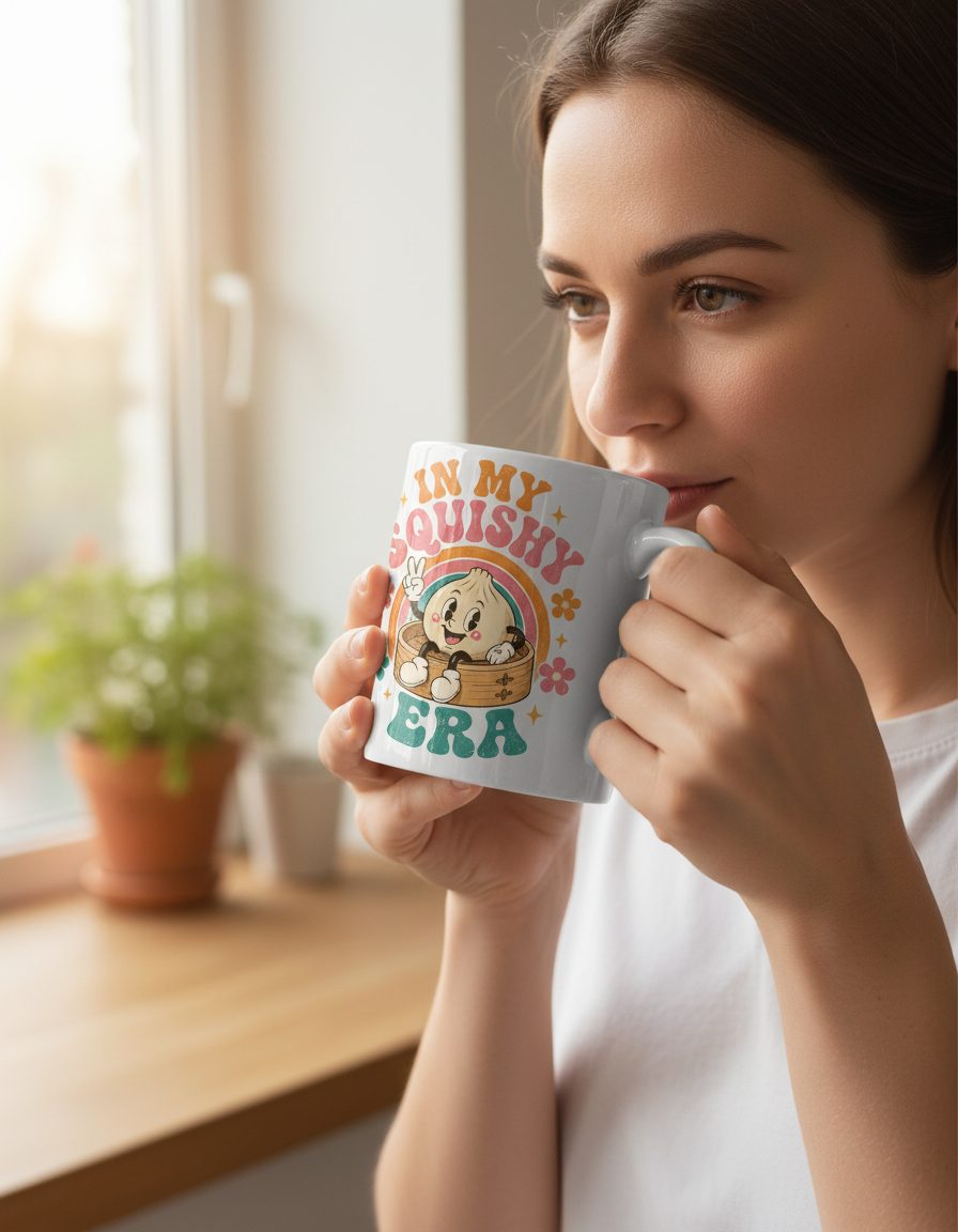In My Squishy Era Funny Dumpling White Mug - lifestyle model mockup - White