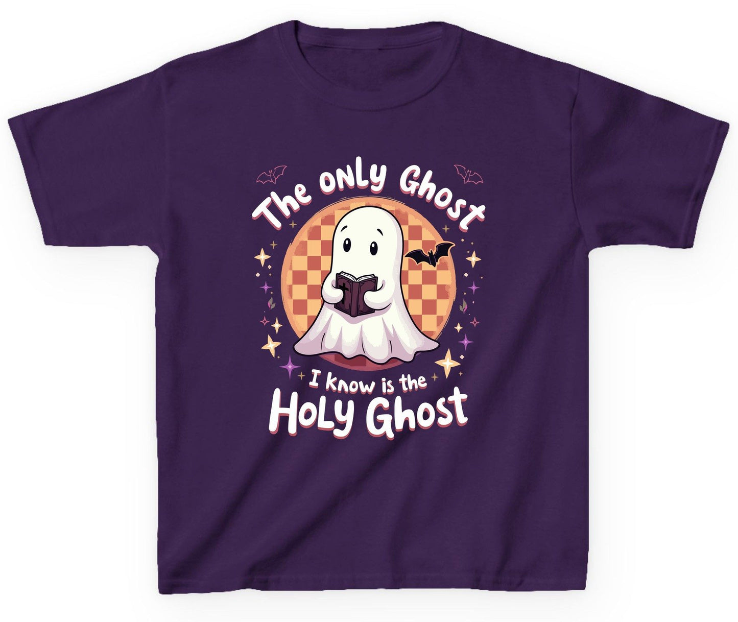The Only Ghost I Know Is the Holy Ghost christian Halloween Youth T-Shirt Purple product mockup