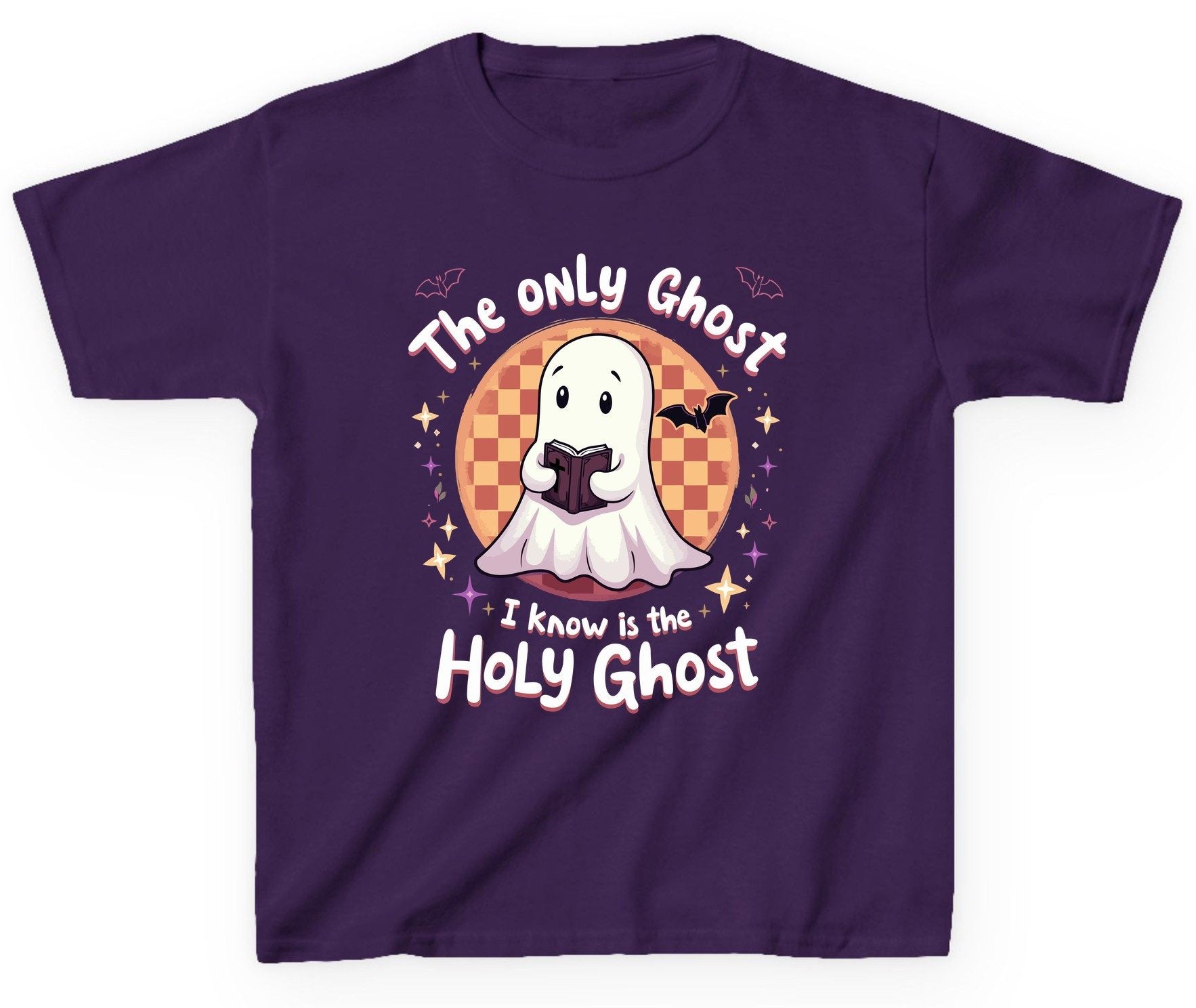 The Only Ghost I Know Is the Holy Ghost christian Halloween Youth T-Shirt Purple product mockup