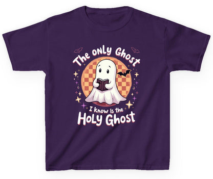The Only Ghost I Know Is the Holy Ghost christian Halloween Youth T-Shirt Purple product mockup