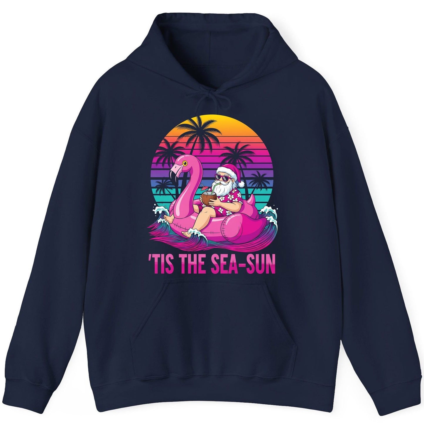 'Tis the Sea-Sun tropical santa claus Hoodie Navy product mockup