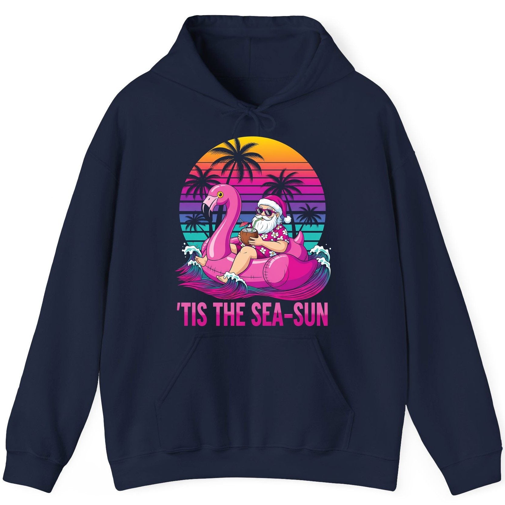 'Tis the Sea-Sun tropical santa claus Hoodie Navy product mockup