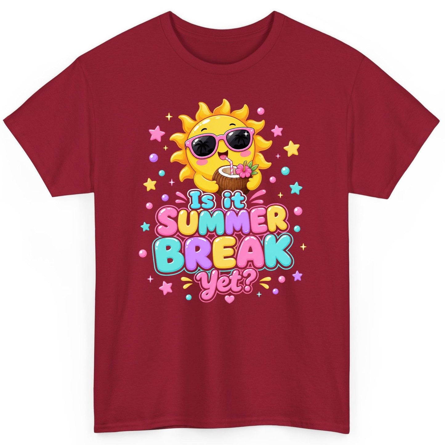 Is It SUMMER BREAK Yet Funny Vacation T-Shirt - product mockup - Cardinal Red