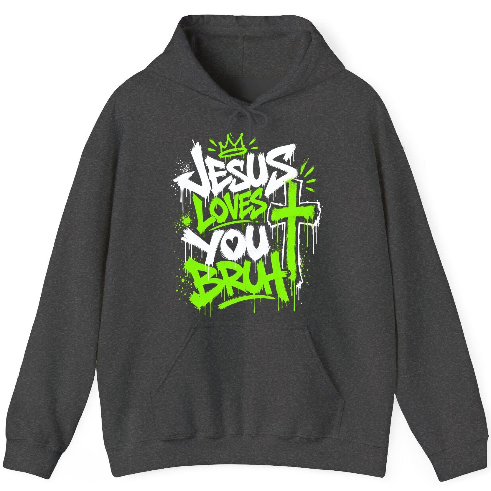 Jesus Loves You Bruh Christian Hoodie - product mockup - Dark Heather