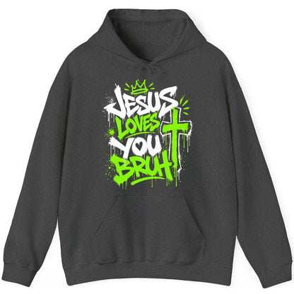 Jesus Loves You Bruh Christian Hoodie - product mockup - Dark Heather