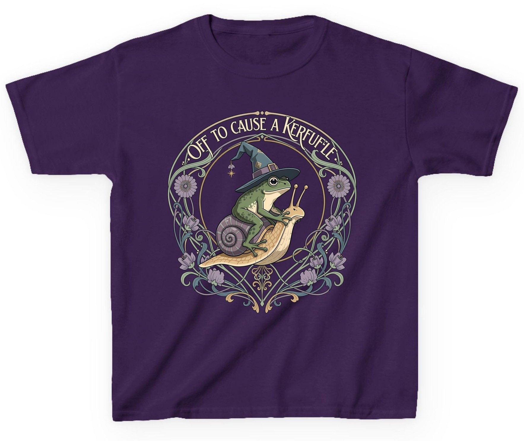 Off to Cause a Kerfuffle frog riding a snail Youth T-Shirt Purple product mockup