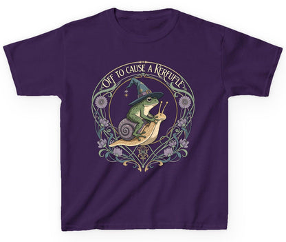 Off to Cause a Kerfuffle frog riding a snail Youth T-Shirt Purple product mockup