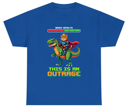 THIS IS AN OUTRAGE Cat riding a dinosaur Youth T-Shirt Royal product mockup